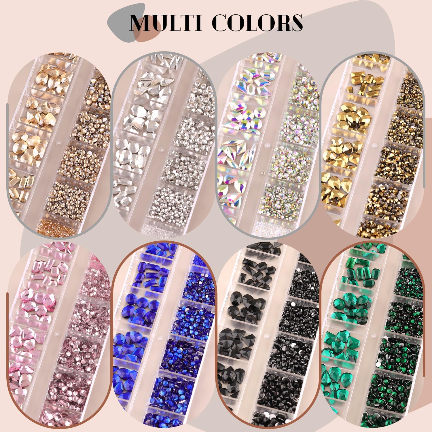 2060Pcs Champagne Gold Glass Nail Rhinestones 60Pcs Multi Shapes Flatback Nail Gems + 2000Pcs 1.5-4mm Round Crystal, Manicure Nail Charms Diamond Gemstone for Acrylic Nails Decoration-GlimoraGlow