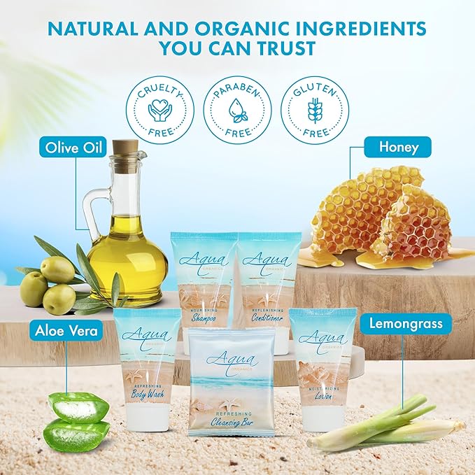 1-Shoppe All-In-Kit|Aqua Organics Amenity Kit|Boxed Hotel Toiletries|Bulk Set 1oz Travel Size Shampoo,Conditioner,Lotion,Body Wash & Bar Soap for Guest Hospitality AirBnB/Vacation Rentals|5 Pieces-GlimoraGlow