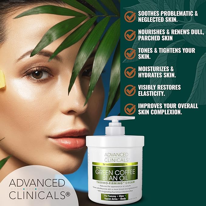 Advanced Clinicals Green Coffee Bean Thermo Firming Body Cream | Anti Cellulite Cream | Caffeine Body Lotion Moisturizer To Firm, Tighten, & Hydrate Look Of Legs, Arms, Tummy, Butt, & Thighs, 16 Oz-GlimoraGlow