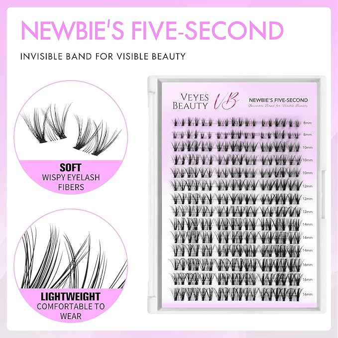 VEYESBEAUTY Lash Clusters Eyelash Extensions Thin & Invisible Band DIY Individual False Eyelashes Newbie's Five-Second Series Wispy Lash Tray for Self-application, Whisper Lashes 8-16mm Mixed Length-GlimoraGlow