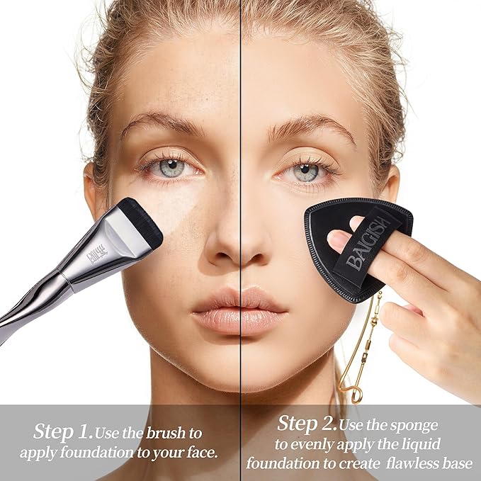 Makeup Sponge 1 Powder Puff +1 Smooth Foundation Brush for Liquid, Cream and Makeup,Super Soft, Makeup Blender, Latex Free Seamless Flawless Soft Setting Couple Set-GlimoraGlow