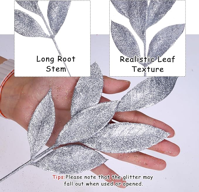 GREENTIME 12 Pack Artificial Silver Glitter Leaves 13" Fake Christmas Picks Decorative Glitter Sticks for Vase Christmas Tree DIY Wreath Crafts Fireplace Decor