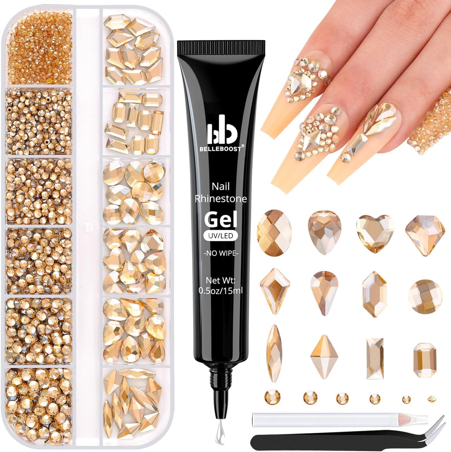 2060Pcs Champagne Gold Glass Nail Rhinestones 60Pcs Multi Shapes Flatback Nail Gems +2000Pcs 1.5-4mm Round Crystal with Rhinestones Glue Gel, Manicure Nail Charms Diamond Gemstones for Nail Art-GlimoraGlow