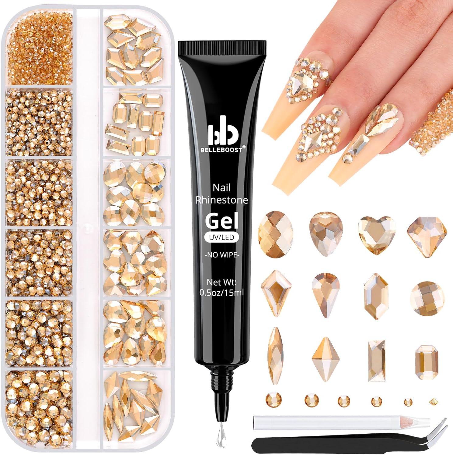 2060Pcs Champagne Gold Glass Nail Rhinestones 60Pcs Multi Shapes Flatback Nail Gems +2000Pcs 1.5-4mm Round Crystal with Rhinestones Glue Gel, Manicure Nail Charms Diamond Gemstones for Nail Art-GlimoraGlow