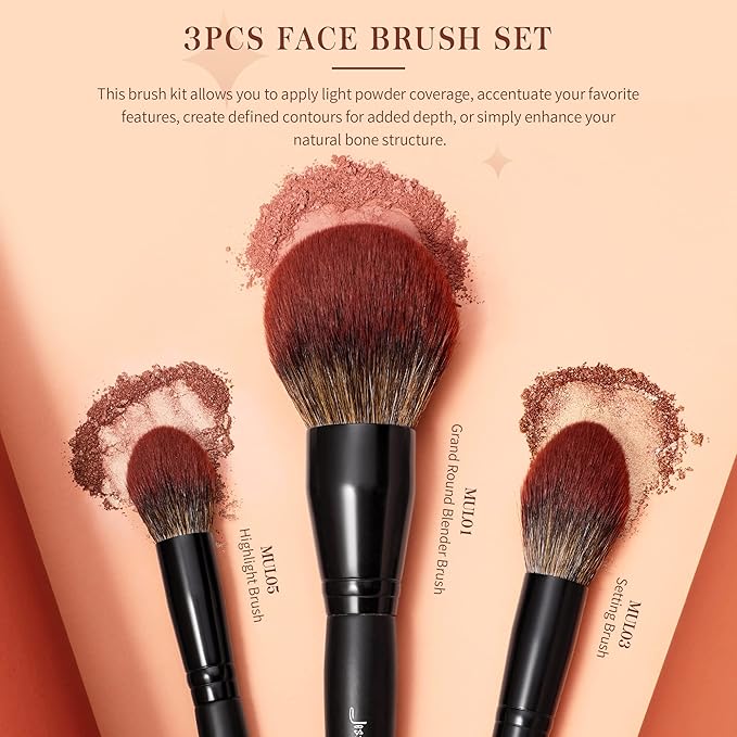 Jessup Large Face Makeup Brushes 3pcs, Premium Synthetic Powder Contour Highlighter Brush, Phantom Black T274-GlimoraGlow