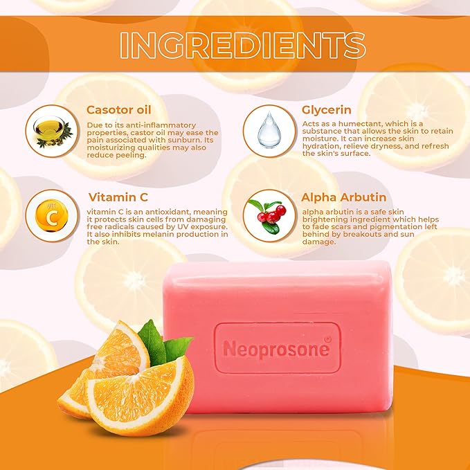 Neoprosone, Skin Brightening Soap | 7oz / 200g | Exfoliating, Cleansing Bar, Helps to Reduce Spots on: Knees, Elbows, Face, Private Areas | For Women and Men, with Vitamin C and Castor Oil-GlimoraGlow