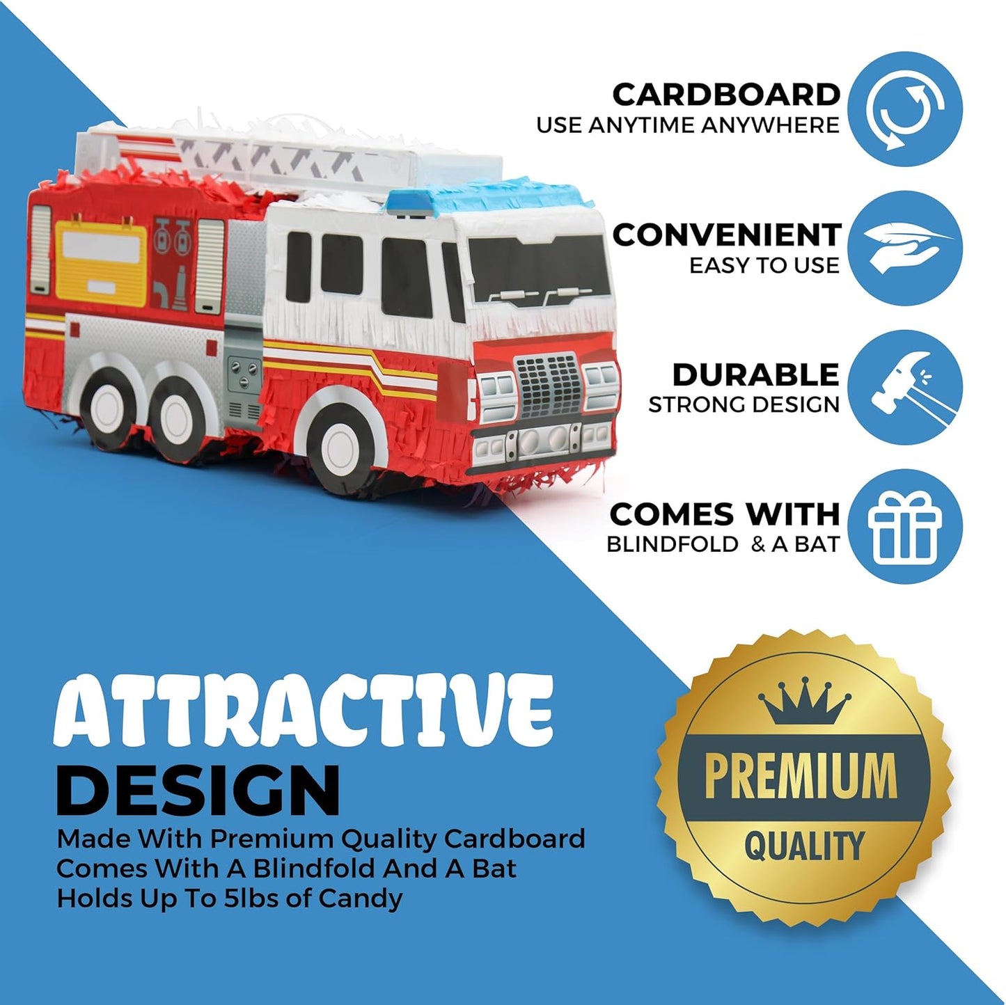 Small Fire Truck Pinatas Bundle with a Blindfold and Bat(16.1x8x5.1 Inches), Perfect for Firetruck Birthday Decorations, Boys Birthday Party Supplies