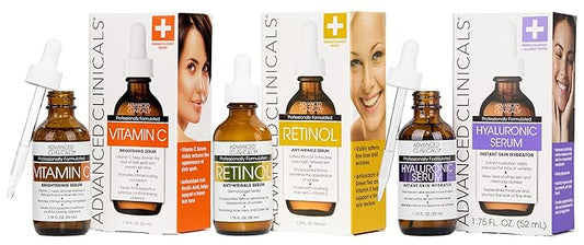 Advanced Clinicals Retinol Serum For Face + Hyaluronic Acid Moisturizer + Vitamin C Serum 3PC Skincare Set For Women & Men | Anti Aging Serums For Brightening, Firming, & Hydrating | 1.75 Fl Oz, 3pc-GlimoraGlow