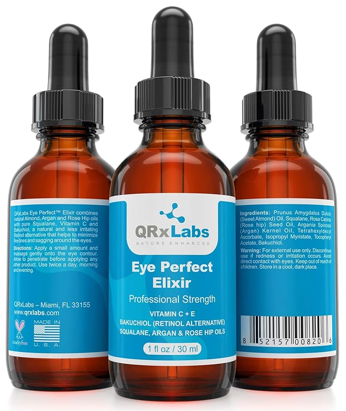 Eye Perfect Elixir - With Bakuchiol (Retinol Alternative), Pure Argan and Rosehip Oils, Squalane, Vitamin C & E - Best Anti-Aging Treatment Serum for Bags, Puffiness, Wrinkles, Crow Feet-GlimoraGlow