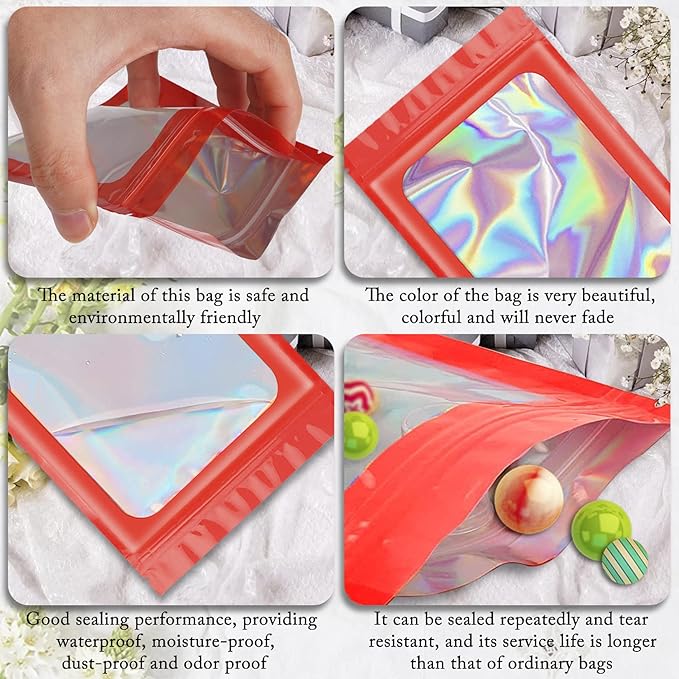 100 Pieces Smell Proof Mylar Resealable Bags, Holographic Packaging Bags, Resealable Odor Foil Pouch Zip Bag with Clear Window for Food Storage and Lipgloss, Jewelry Lash (Red, 3.5 x 6.3 Inch)-GlimoraGlow