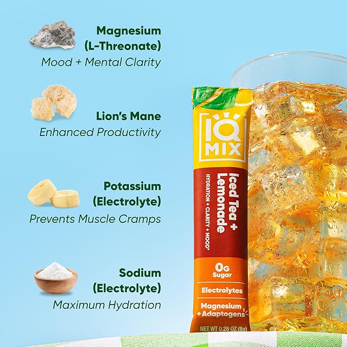 IQMIX Hydration Electrolyte Powder – 4-in-1 Formula for Hydration, Mental Clarity, Mood and Recovery – Sugar-Free Drink Mix, Keto, Magnesium L-Threonate, Lion’s Mane – 20 Count New Iced Tea Lemonade-GlimoraGlow