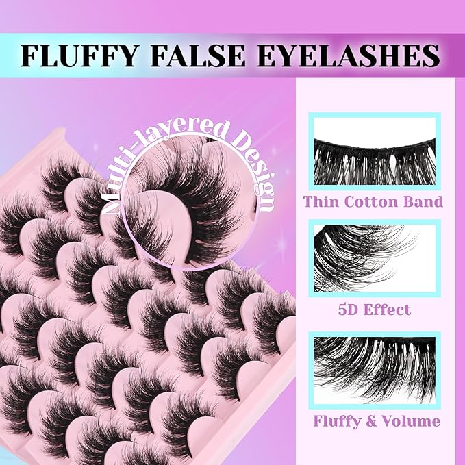Losha Lashes Fluffy False Eyelashes 5D Volume Eye Lashes 14 Pairs Vegan Fake Eyelashes Soft Faux Mink Lashes Pack (Thrives Only)-GlimoraGlow
