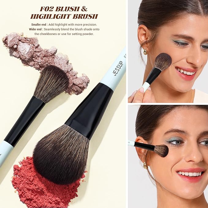 Jessup Face Makeup Brushes with Makeup Sponge, 3pcs Double Ended Makeup Brush for Foundation Contour Blush Highlight and Concealer Brush, Premium Synthetic Brush Set with Gift Box, T510-GlimoraGlow