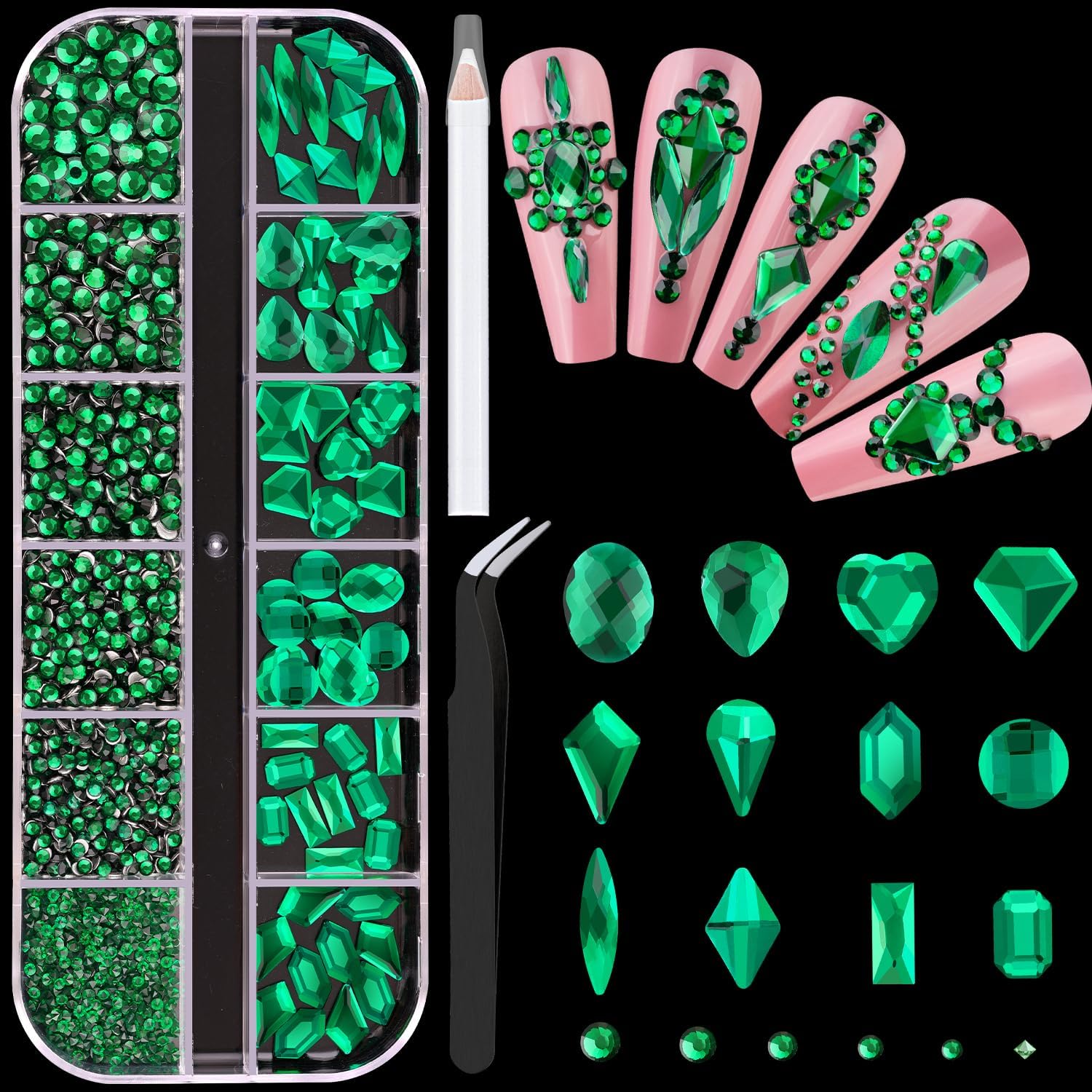 2060Pcs Emerald Green Glass Nail Rhinestones 60Pcs Multi Shapes Flatback Nail Gems + 2000Pcs 1.5-4mm Round Crystal, Manicure Nail Charms Diamond Gemstones for Acrylic Nails Decoration-GlimoraGlow