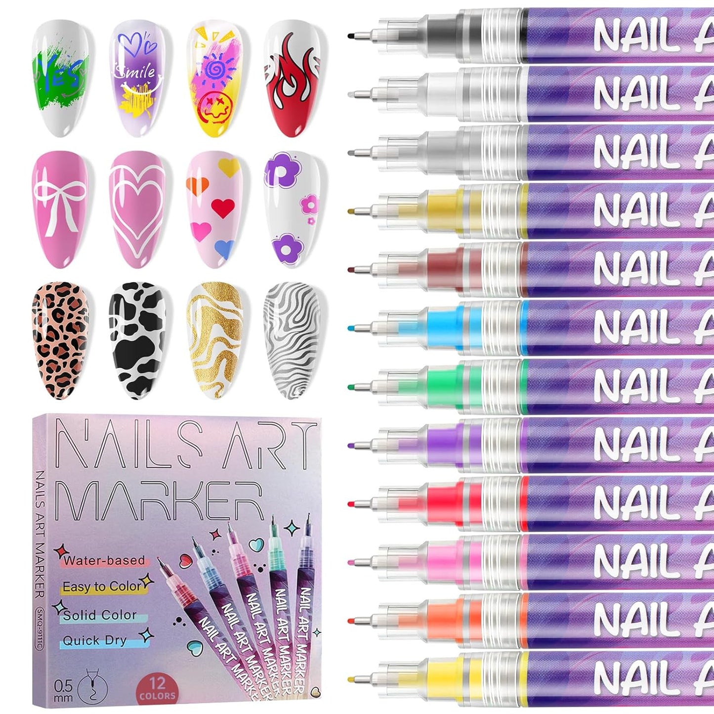 12 Colors Nail Art Pens Kit EBANKU 0.5MM Ultra-Fine Tip 3D Nail Polish Pens Quick-Dry Acrylic Paint Pens Nail Markers Dotting Tools for Home & Salon Manicure-GlimoraGlow