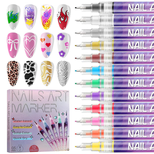 12 Colors Nail Art Pens Kit EBANKU 0.5MM Ultra-Fine Tip 3D Nail Polish Pens Quick-Dry Acrylic Paint Pens Nail Markers Dotting Tools for Home & Salon Manicure-GlimoraGlow