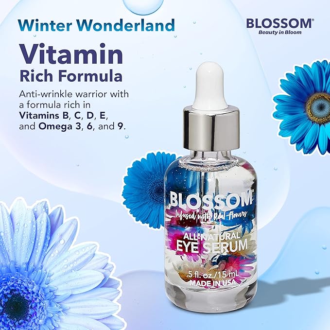 Blossom All Natural Organic Cruelty Free Moisturizing Eye Serum with Essential Oils, Infused with Real Flowers, Made in USA, 0.5 fl. oz./15ml, Winter Wonderland-GlimoraGlow