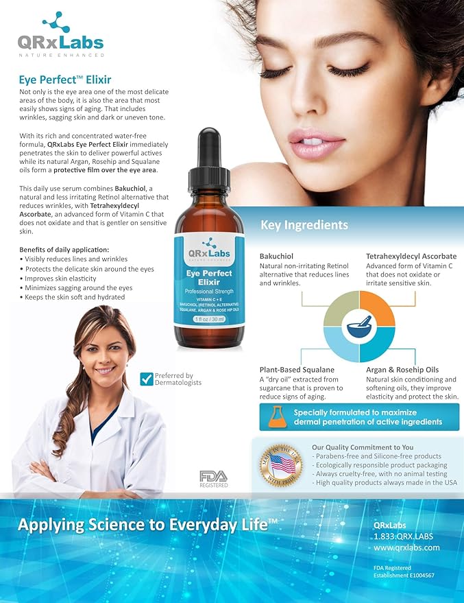 Eye Perfect Elixir - With Bakuchiol (Retinol Alternative), Pure Argan and Rosehip Oils, Squalane, Vitamin C & E - Best Anti-Aging Treatment Serum for Bags, Puffiness, Wrinkles, Crow Feet-GlimoraGlow