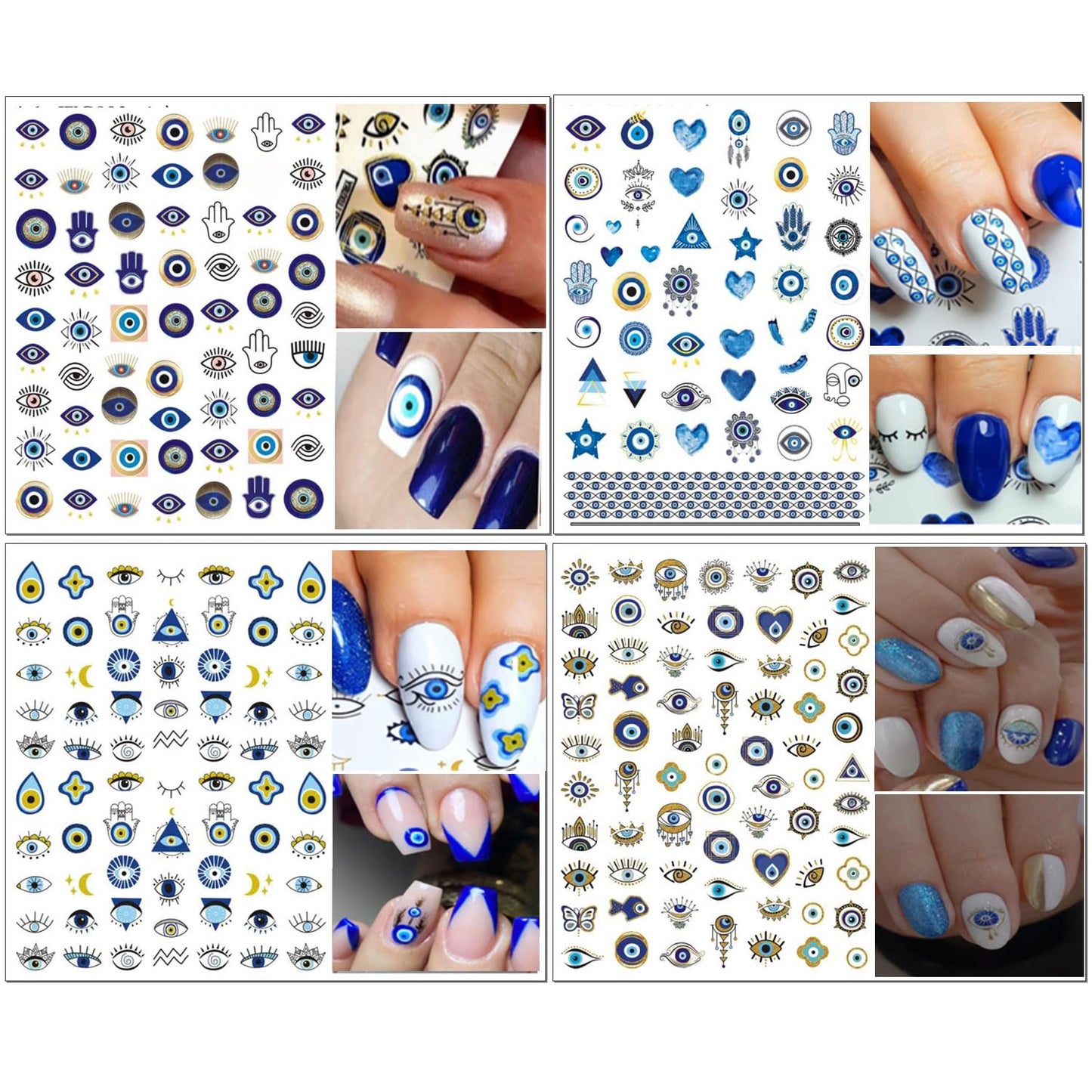 14 Sheets Evil Eye Nail Stickers, 3D Turkish Blue Eye Design Nail Art Decals, Self Adhesive Hamsa Hand of Fatima Manicure Decorations-GlimoraGlow
