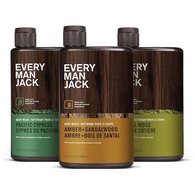 Every Man Jack Hydrating Mens Body Wash - Cleanse, Nourish, and Hydrate Skin with Naturally Derived Ingredients - Paraben Free - Amber + Sandalwood, Pacific Cypress and Coastal Moss - 3pk-GlimoraGlow