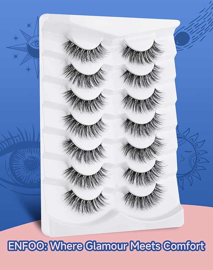 Lashes Volume False Eyelashes Wispy Natural Look Everyday Flared Strip EyeLash Fluffy Lash Long Soft Round-Eye Pack 16MM 7 Pairs D89-GlimoraGlow