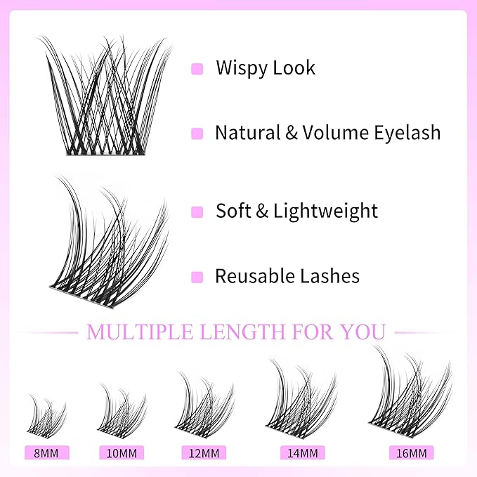 VEYESBEAUTY Lash Clusters Kit Individual Eyelash Extensions Thin & Invisible Band DIY False Eyelashes Newbie's Five-Second Series Wispy Lash Tray, LuxeBold KIT with Bond&Seal Remover Applicator-GlimoraGlow