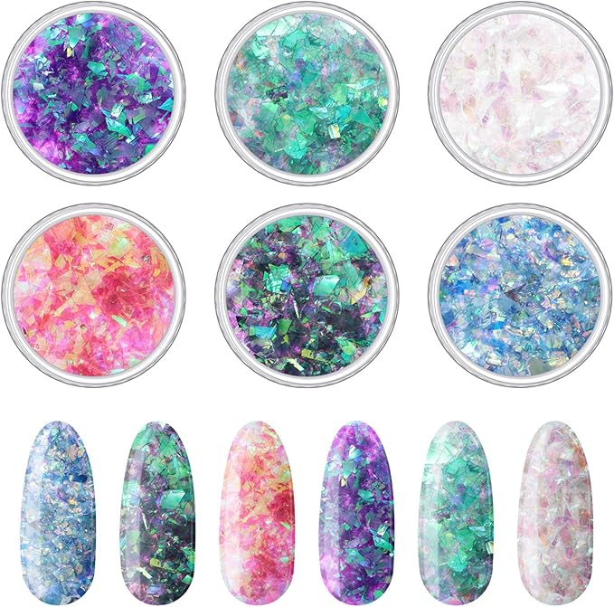 12 Boxes Mermaid Iridescent Chunky Glitter Flakes Chrome Nail Sequins Aurora Holographic Mermaid Nail Glitter Flakes Glitters Chunky Iridescent Flakes for Face Eyes Body Hair Nail Decoration-GlimoraGlow