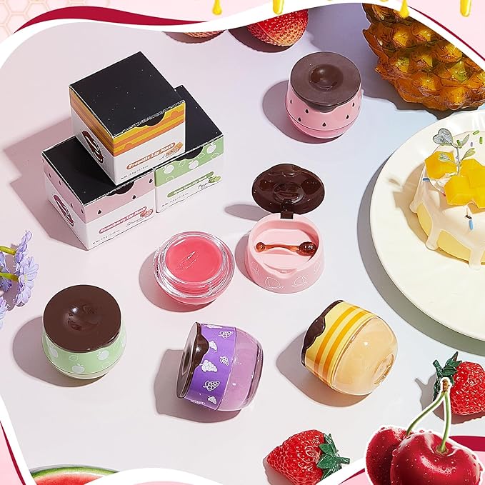 12 Pcs Bee Lip Balm Honey Pot with Brush Propolis Lip Mask Overnight, Moisturizing Hydrating Lip Sleeping Mask Prevention Dry and Cracked(Honey+Peach+Grape+Strawberry+Apple Lime+Mint)-GlimoraGlow