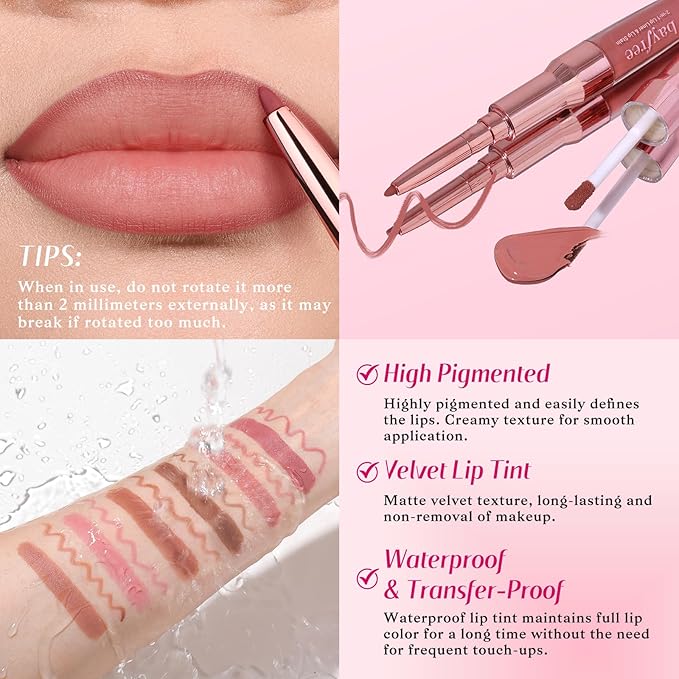 2-IN-1 Lip Liner and Lip Stain, High Pigmented Long Lasting Velvet Lip Tint, Well-Defined Lipliner, Weightless Waterproof Not Animal Tested, Matte Finish Makeup-GlimoraGlow