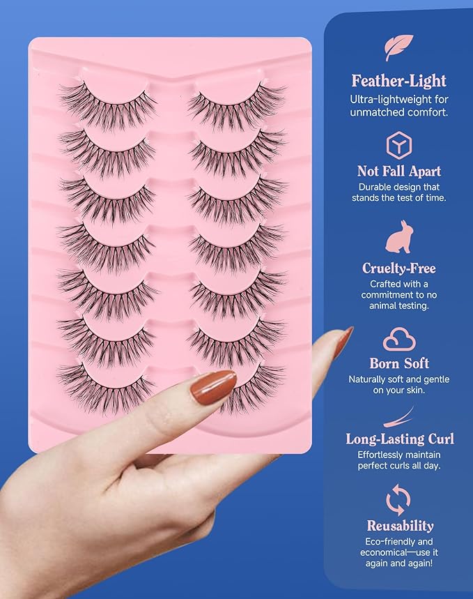 Wispy Lashes Natural Look Flared Strip False Eyelashes Round Eye Lash Soft False Mink Eyelash Fluffy Pack 7 Pairs 15MM D80-GlimoraGlow