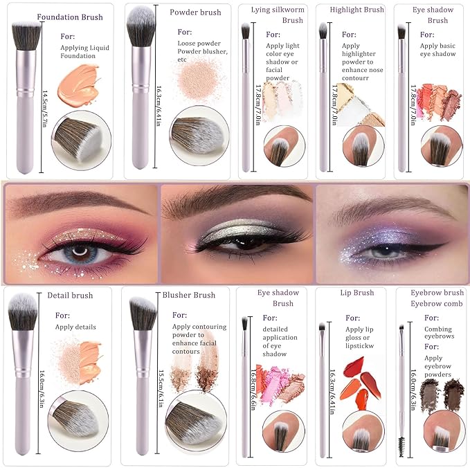 Gift Ready 10 Piece Purple Makeup Brushes Set and 2 Piece Makeup Sponge – Wooden Handle with Soft Synthetic Bristles, Concealer, Powder – (Ideal for Christmas, Birthday, Women)-GlimoraGlow