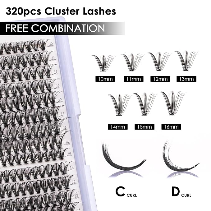 Lash Clusters 320pcs Individual Lashes 30D&40D DIY Lash Extensions D Curl Lash Clusters False Eyelashes Natural Look 10-16mm Mix Cluster Eyelash Extensions EASY TO USE (30D+40D-0.07D)-GlimoraGlow