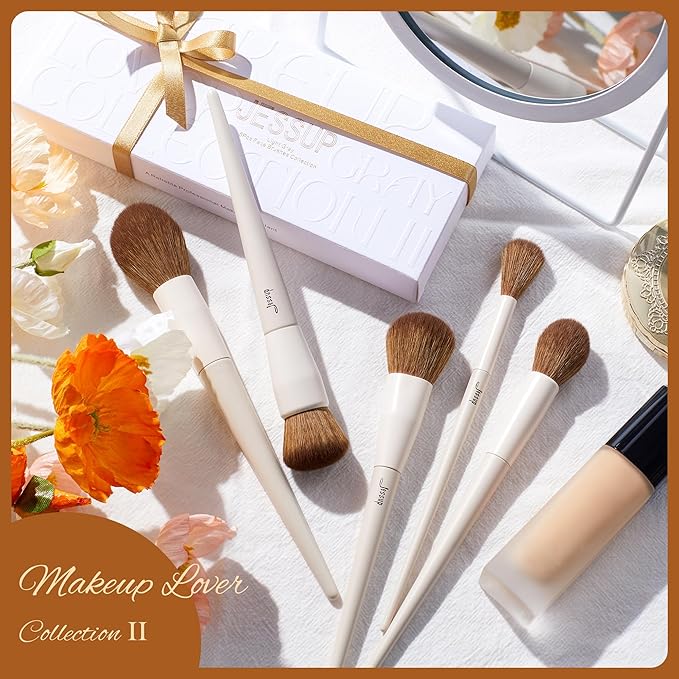 Jessup Makeup Brush Set 5Pcs Face Makeup Brushes Vegan Soft Foundation Brush Blush Brush Bronzer Contour Brush Highlighter Brush Fluffy Setting Powder Brush, Light Grey T493-GlimoraGlow