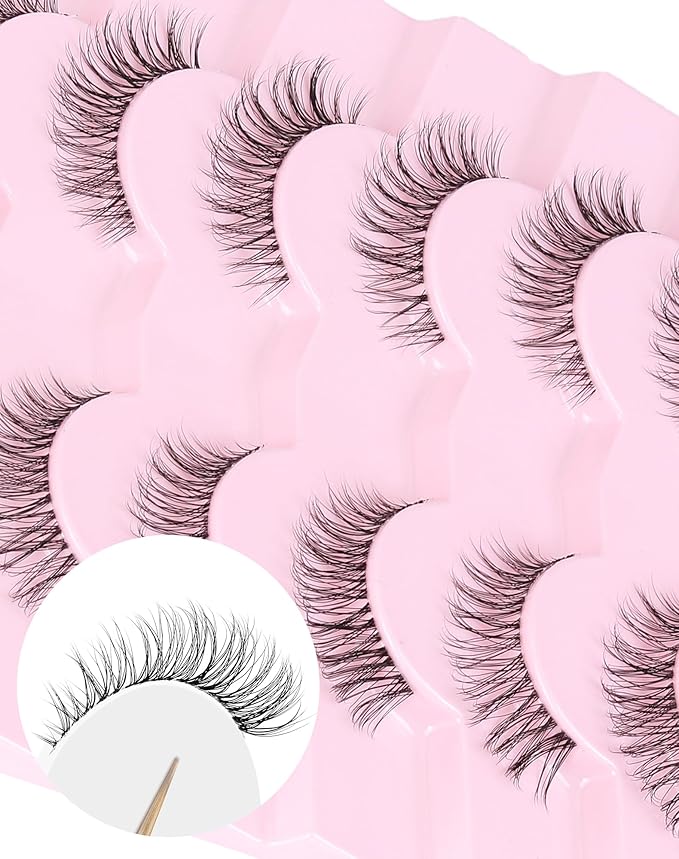 Natural Cat Eye Lashes Natural Eyelashes Wispy Mink Lashes Short Fake Lashes Clear Band Eye Lashes Pack 7 Pairs Small Demi Wispies Eyelashes-GlimoraGlow