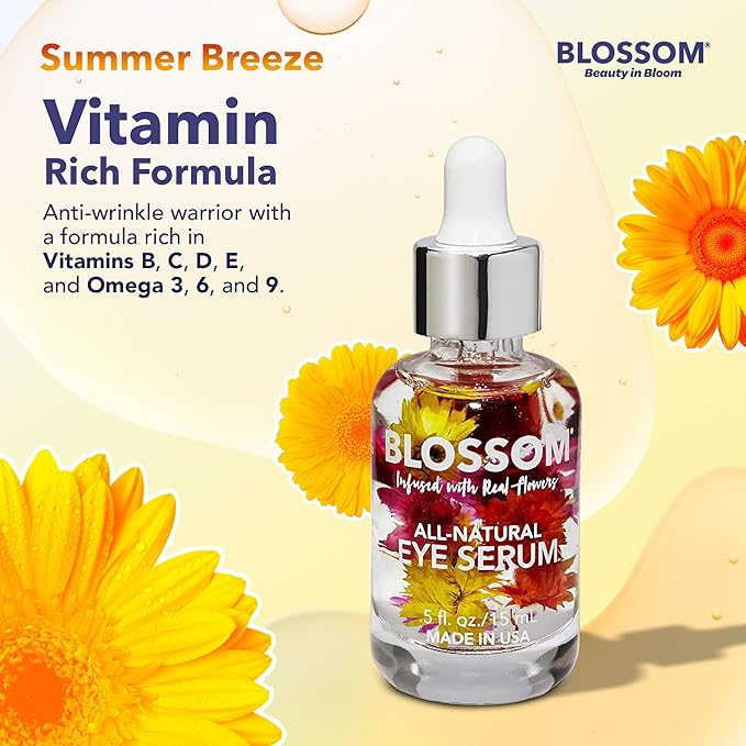 Blossom All Natural Organic Cruelty Free Moisturizing Eye Serum with Essential Oils, Infused with Real Flowers, Made in USA, 0.5 fl. oz., Summer Breeze-GlimoraGlow