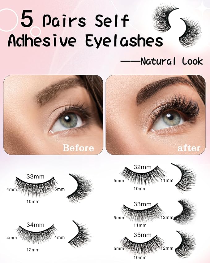 Self Adhesive Eyelashes Natural Look False Eyelashes Reusable Self Stick Lashes, No Glue Needed, 5 Pairs Mixed-GlimoraGlow