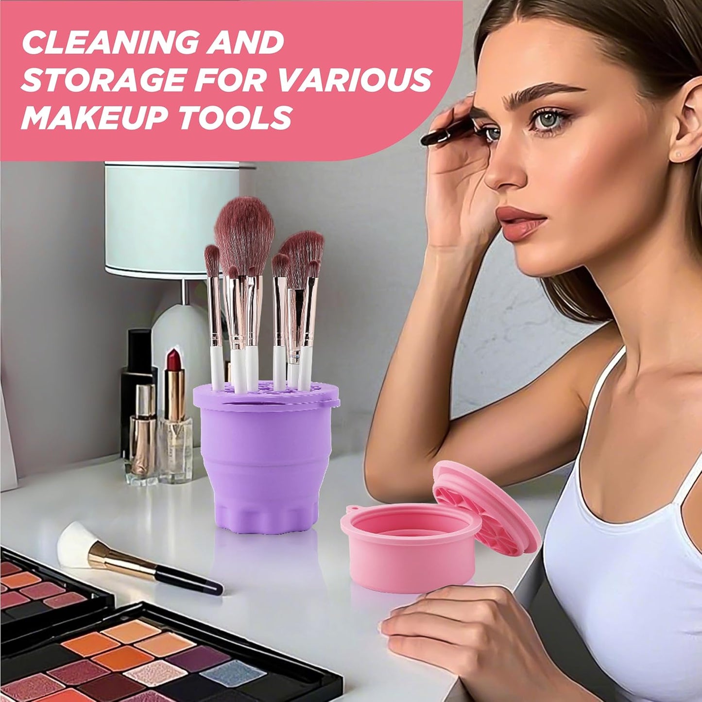 Makeup Brush Cleaner - Foldable Silicone Makeup Brush Cleaner Mat with Brush Storage Holder Makeup Brush Cleaning Bowl Cosmetic Brush Washing Tool for Cleaning Organizer and Drying (Purple and Pink)-GlimoraGlow