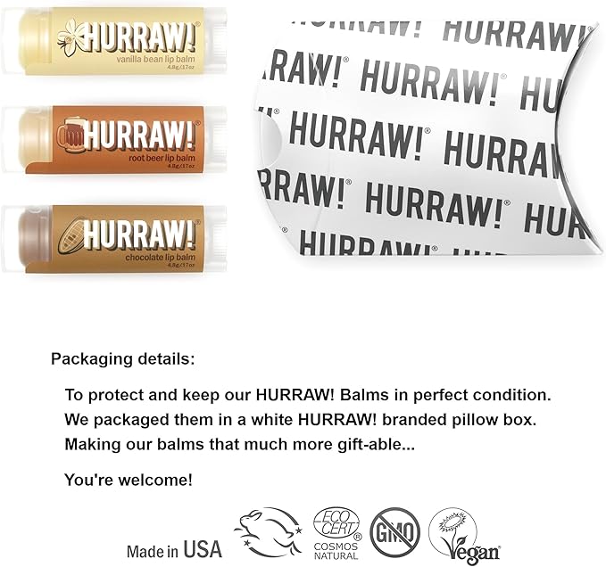 Hurraw! Vanilla Bean, Root Beer, Chocolate Lip Balms, 3 Pack Bundle: Organic, Certified Vegan, Cruelty and Gluten Free. Non-GMO, 100% Natural Ingredients. Bee, Shea, Soy and Palm Free. Made in USA-GlimoraGlow