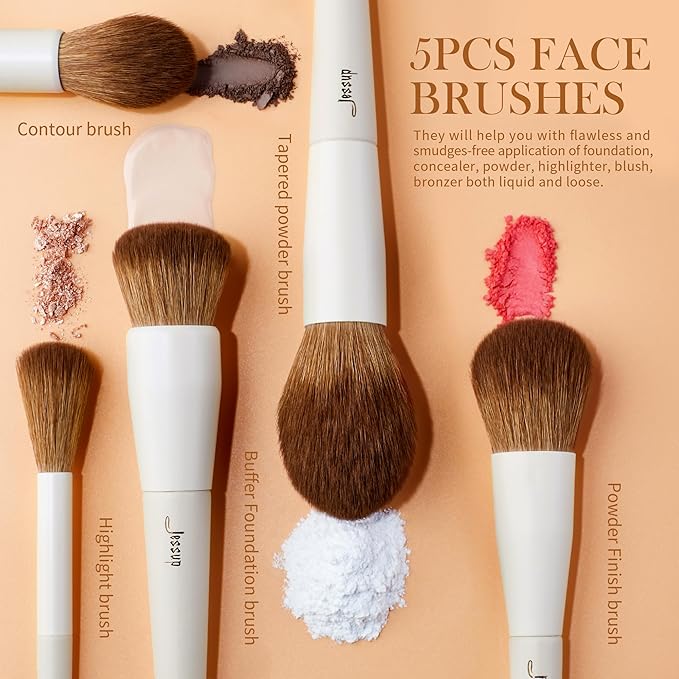 Jessup Makeup Brush Set 5Pcs Face Makeup Brushes Vegan Soft Foundation Brush Blush Brush Bronzer Contour Brush Highlighter Brush Fluffy Setting Powder Brush, Light Grey T493-GlimoraGlow