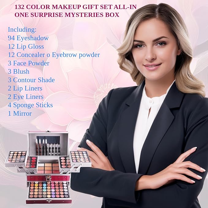 132 Colors All In One Ultimate Color Makeup Kit: Carry All Trunk with Cosmetic Contouring Palette, Concealer, Face Powder, Lip Gloss, Blusher, Contour Shade, Eye Liner, and Eyebrow Powder.-GlimoraGlow