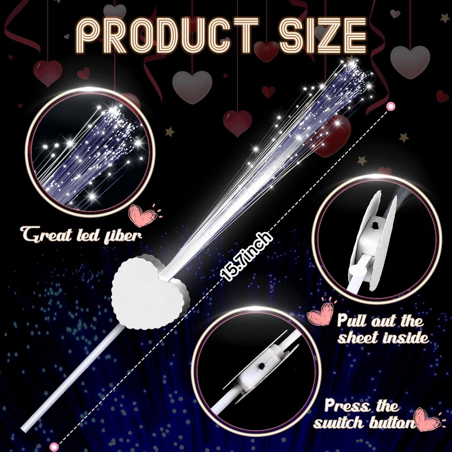 50 Pcs Wedding Sparklers Heart Shaped LED Glow Sticks Fiber Optic Wands Light up Wand with 3 Light Mode for Wedding Bridal Shower Birthday Glow in The Dark Party Supplies (White)