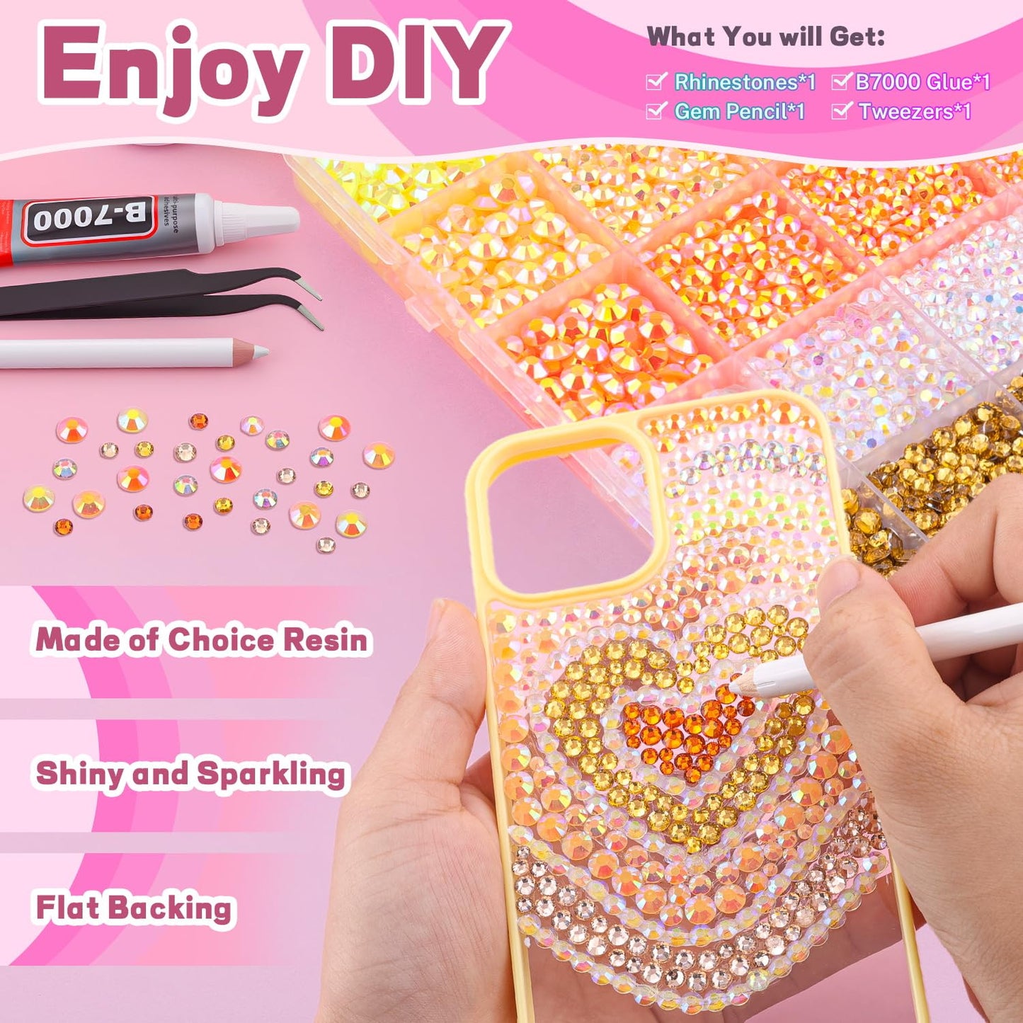 20000Pcs Yellow Rhinestones for Bedazzling with 1Pcs B7000 Jewelry Glue, Resin Rhinestones for Crafting Crafts DIY, Bedazzler Kit Gems for Clothing Shoes Tumblers Nail Art Assorted Size 3/4/5/6mm-GlimoraGlow