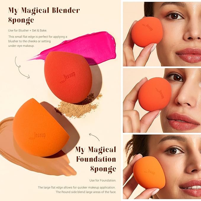 Jessup Foundation Brush with Makeup Sponge Set, 1pc Flat Top Kabuki Brush and 3pcs Make up Sponges for Concealer Blending Blush Powder Buffing Stippling with Gift Box, T505-GlimoraGlow