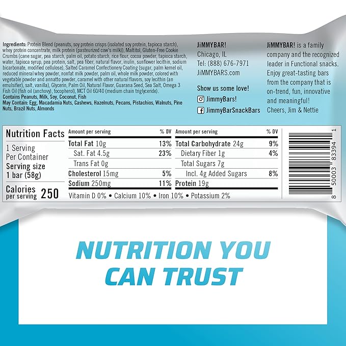 JiMMYBAR! - Sea Salt Caramel Cookies N' Cream - 19g High Protein Bars - 7g Sugar - 12 Count - 58g Health Bars - Natural Peanut Butter Core - Caffeinated Protein Bar For Energy- Hand Drizzled Chocolate-GlimoraGlow