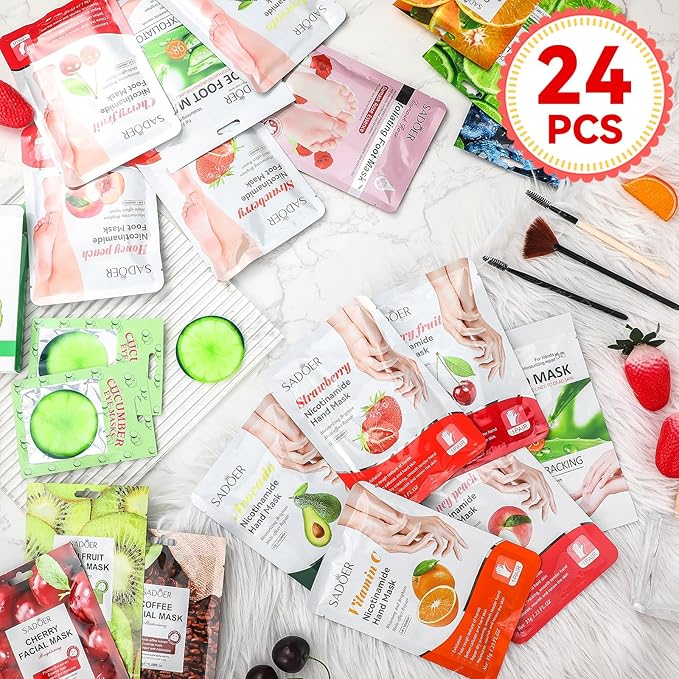 24 Pcs Fruits Beauty Facial Hand Foot Mask Cooling Eye Pads Set Spa Party Night Kit Beauty Skincare Hydrating Skin Cooling Eye Masks for Puffy Eyes Spa Stocking Stuffers Night Summer Party-GlimoraGlow