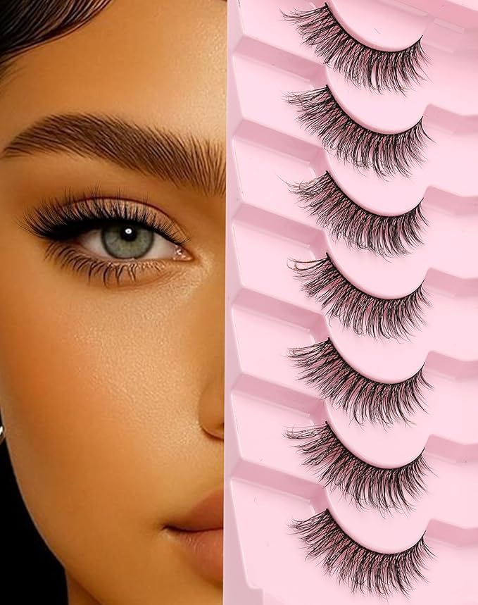 Natural Lashes Wispy False Eyelashes Strip Flared Natural Look Eyelash CatEye Lash Soft Lashes Fluffy Mink Eyelash Pack 7 Pairs 16MM D76-GlimoraGlow