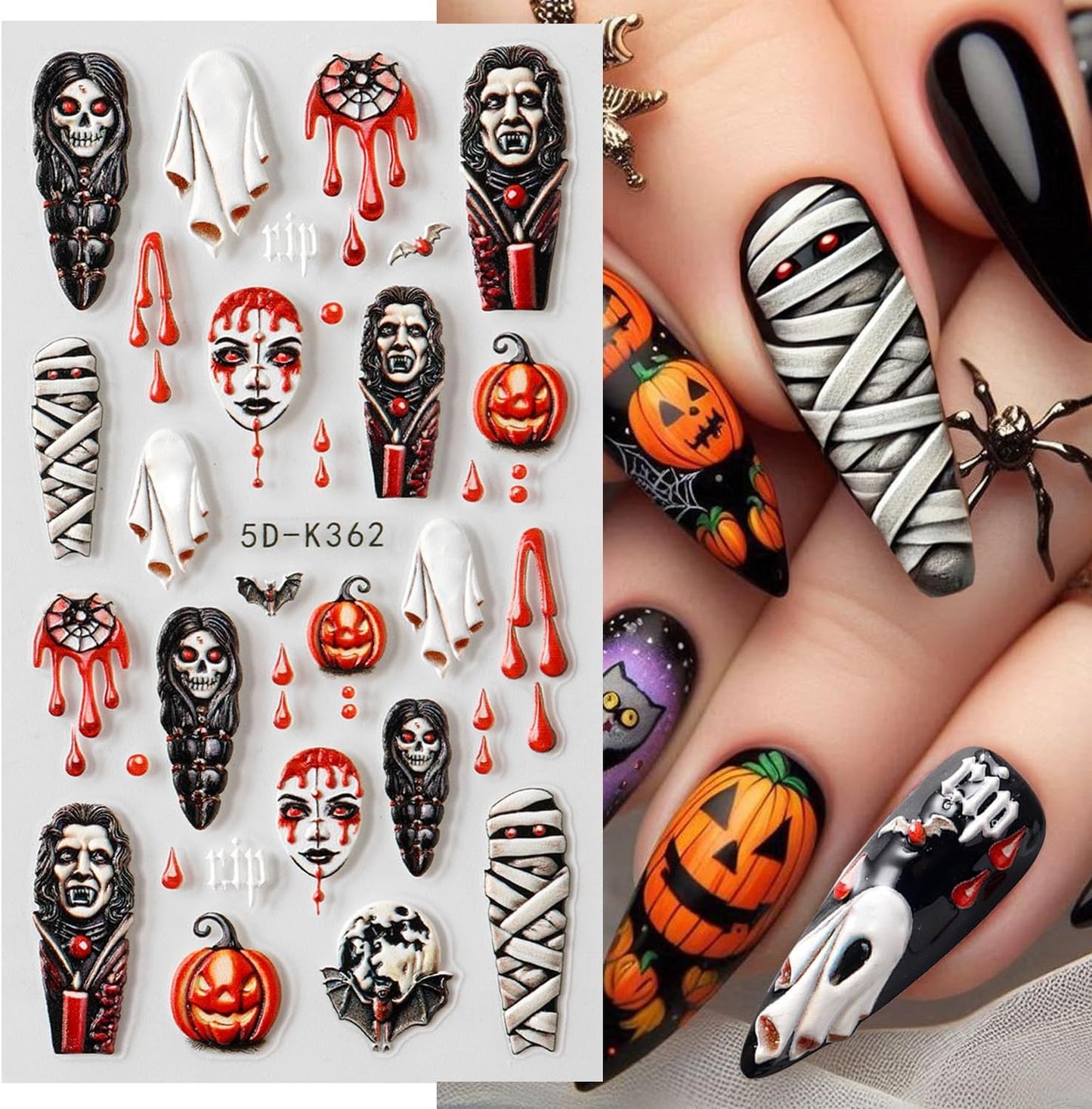 2 Sheets Halloween Nail Art Stickers 5D Embossed Horror Ghost Nail Stickers Big Red Lips Pumpkin Devil's Flame Eye Bat Design Terror Spider Mummy Nail Decals for Women Acrylic DIY Nail Decorations-GlimoraGlow