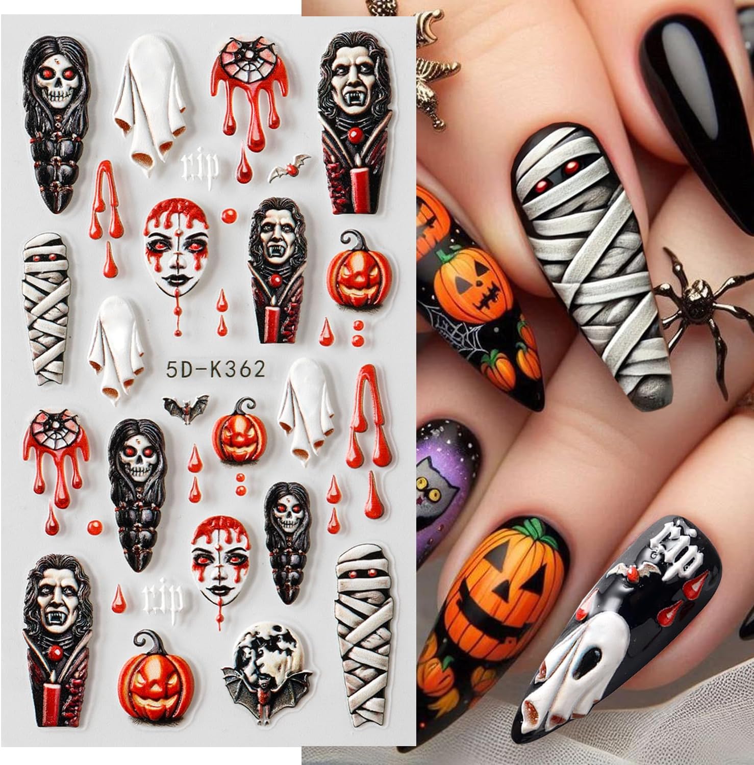 2 Sheets Halloween Nail Art Stickers 5D Embossed Horror Ghost Nail Stickers Big Red Lips Pumpkin Devil's Flame Eye Bat Design Terror Spider Mummy Nail Decals for Women Acrylic DIY Nail Decorations-GlimoraGlow