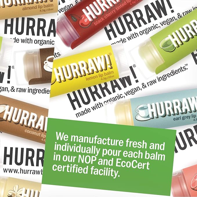 Hurraw! Lip Balms Staff Favorites, 6 Balm Bundle Pack: Black Cherry Tinted (Sheer Red Tint), Orange, Lemon, Mint, Earl Grey, Raspberry Tinted (Sheer Berry Tint). Organic, vegan & raw ingredients.-GlimoraGlow