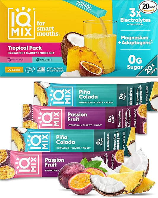 IQMIX Hydration Electrolyte Powder – 4-in-1 Formula for Hydration, Mental Clarity, Mood and Recovery – Sugar-Free Drink Mix, Keto, Magnesium L-Threonate, Lion’s Mane – 20 Count Tropical Variety Pack-GlimoraGlow